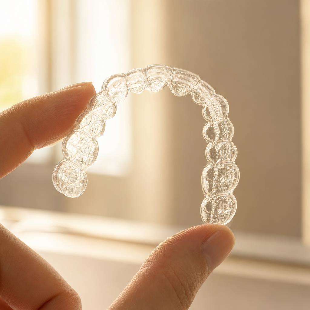 Transparenter Aligner zur kieferorthopädischen Zahnkorrektur im Gegenlicht