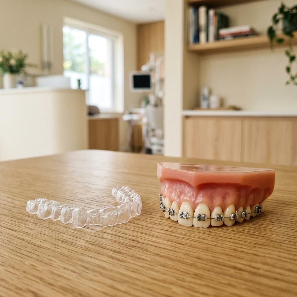 Transparenter Aligner und feste Zahnspange im Vergleich