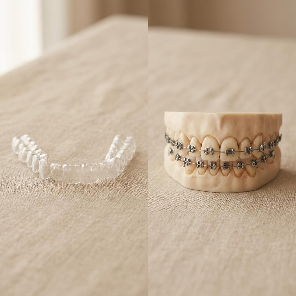 Transparenter Aligner und feste Zahnspange mit Brackets im Vergleich