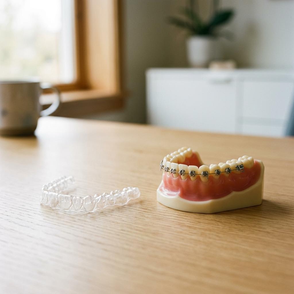 Transparenter Aligner und feste Zahnspange im Vergleich