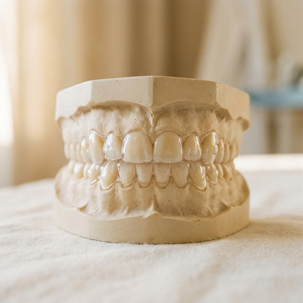 Transparente Zahnschiene auf einem kieferorthopädischen Zahnmodell