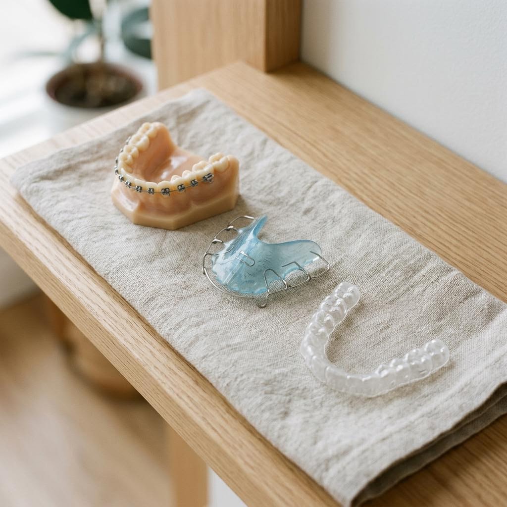 Feste Zahnspange mit Brackets, herausnehmbare Apparatur und transparenter Aligner im Vergleich