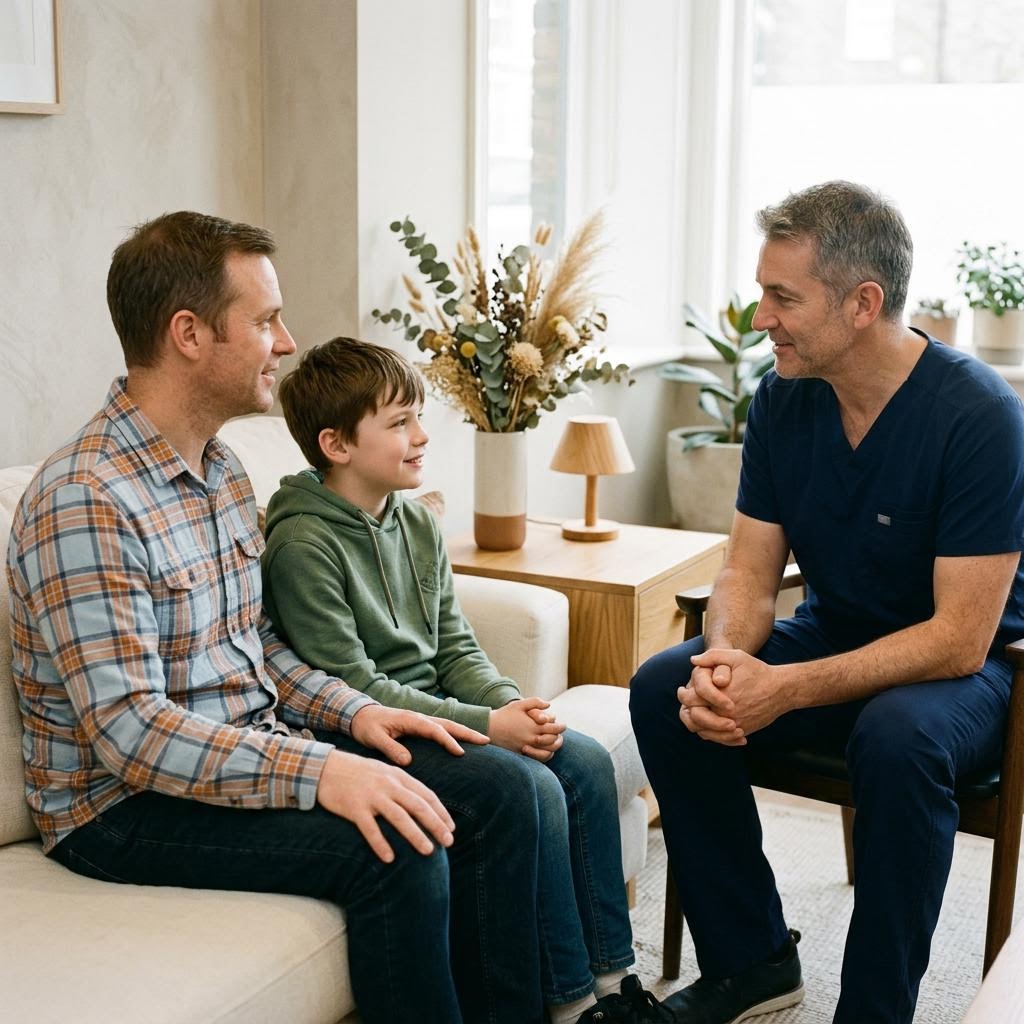 Familie im Gespräch bei einer kieferorthopädischen Erstberatung