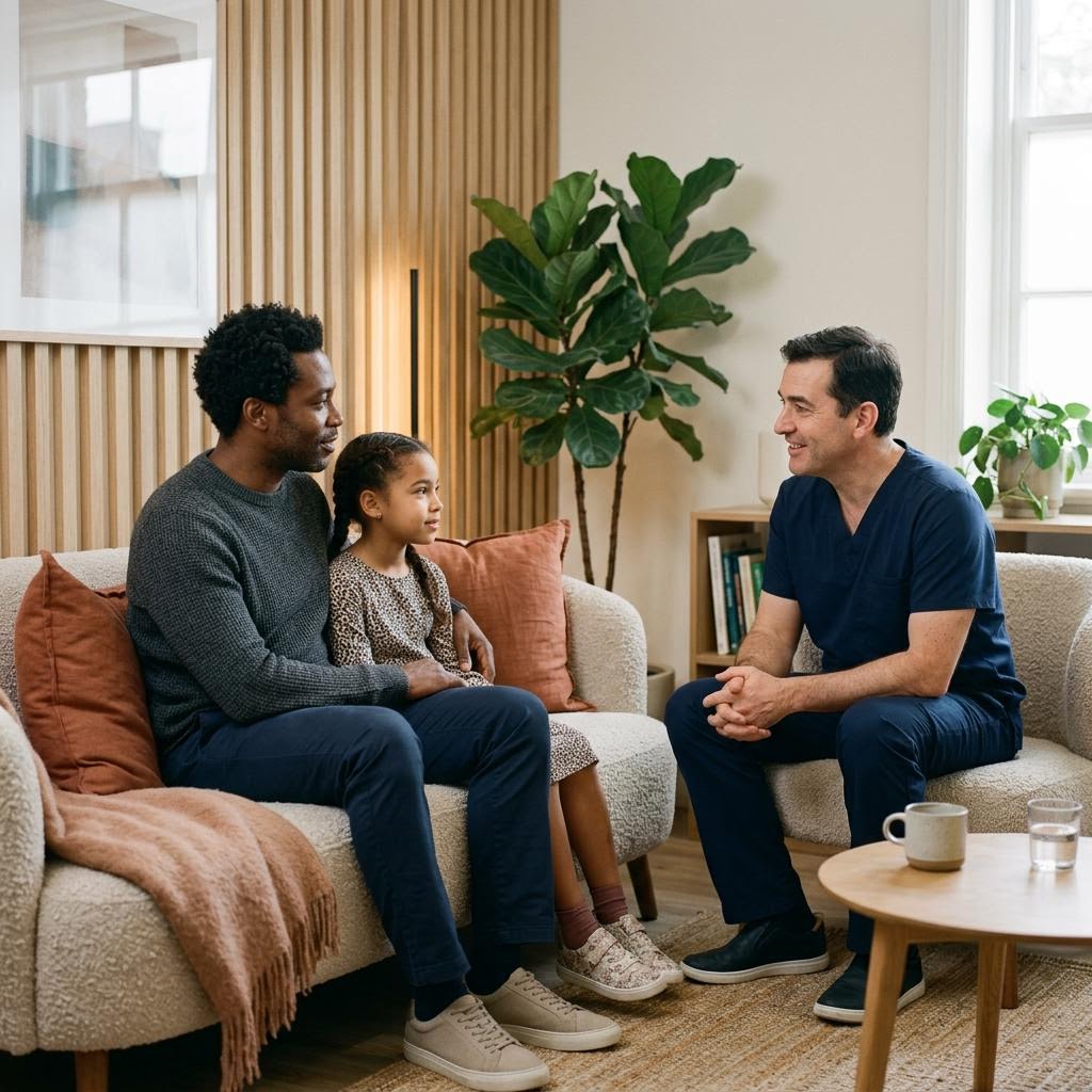 Eltern und Kind bei einer kieferorthopädischen Beratung