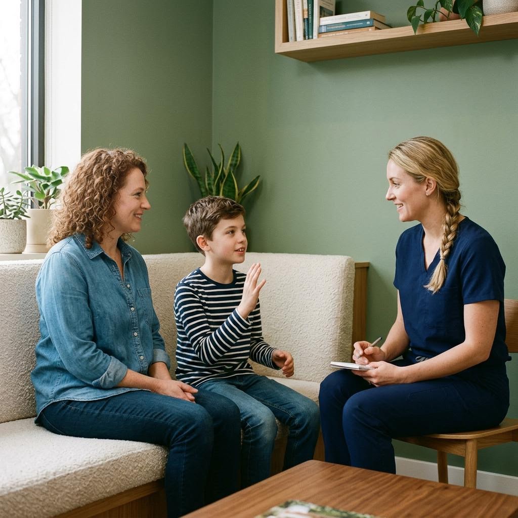 Mutter und Kind im kieferorthopädischen Beratungsgespräch