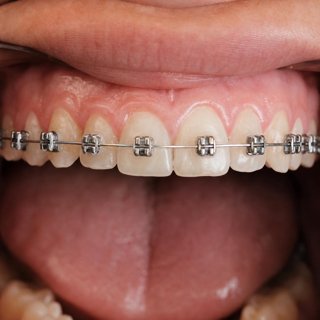Feste Zahnspange mit Brackets und kieferorthopädischem Bogen