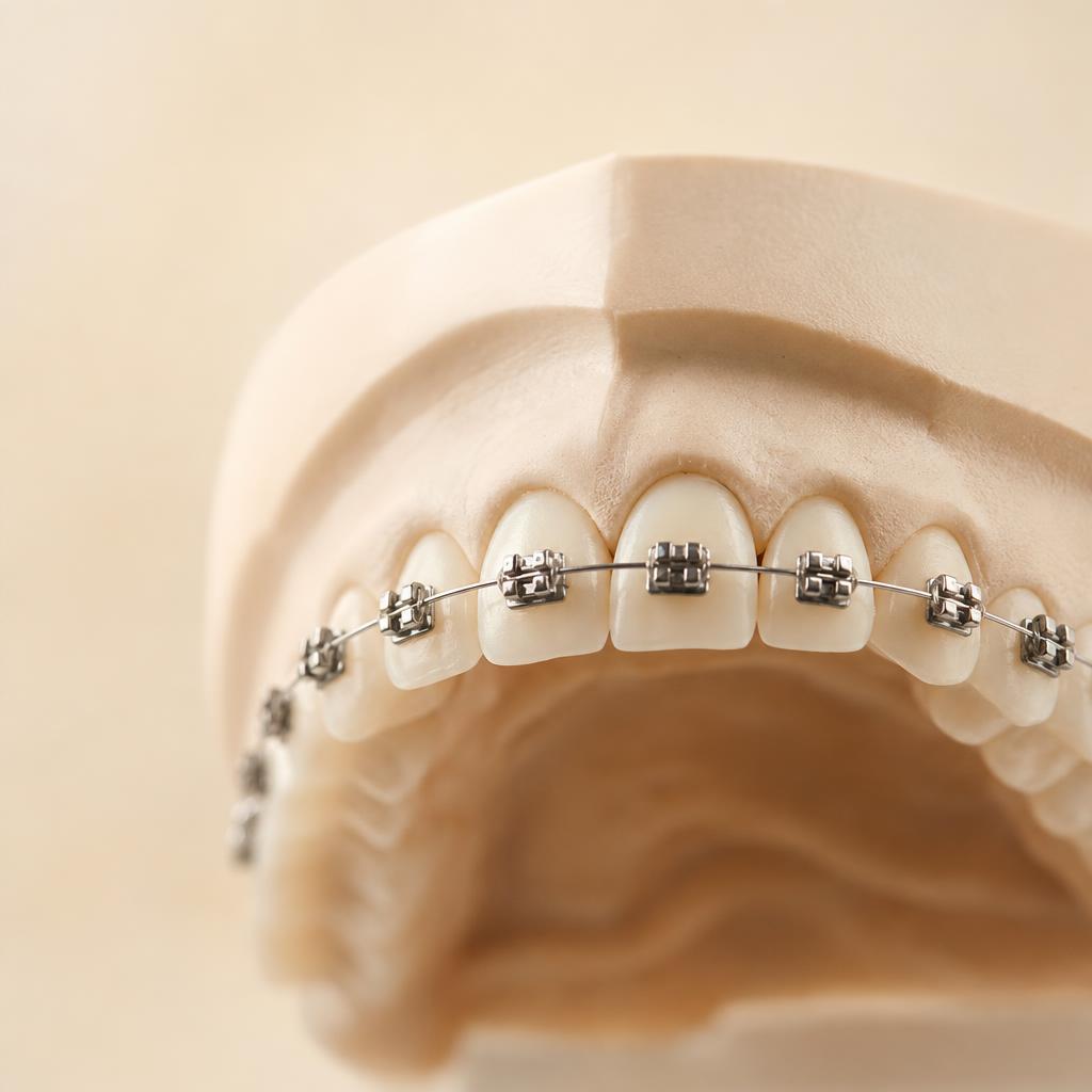 Feste Zahnspange mit Brackets und kieferorthopädischem Bogen an einem Zahnmodell