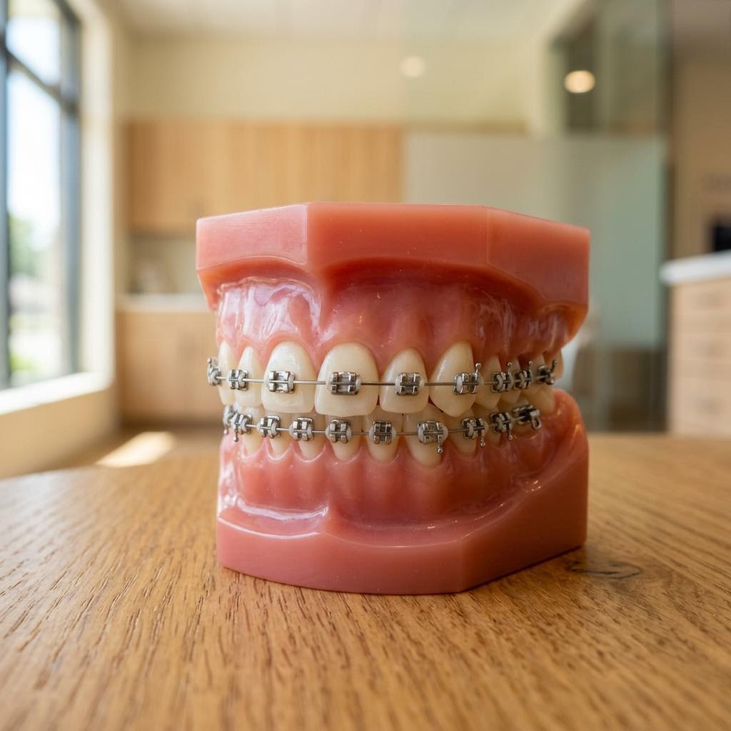Feste Zahnspange mit Brackets und kieferorthopädischem Bogen am Zahnmodell