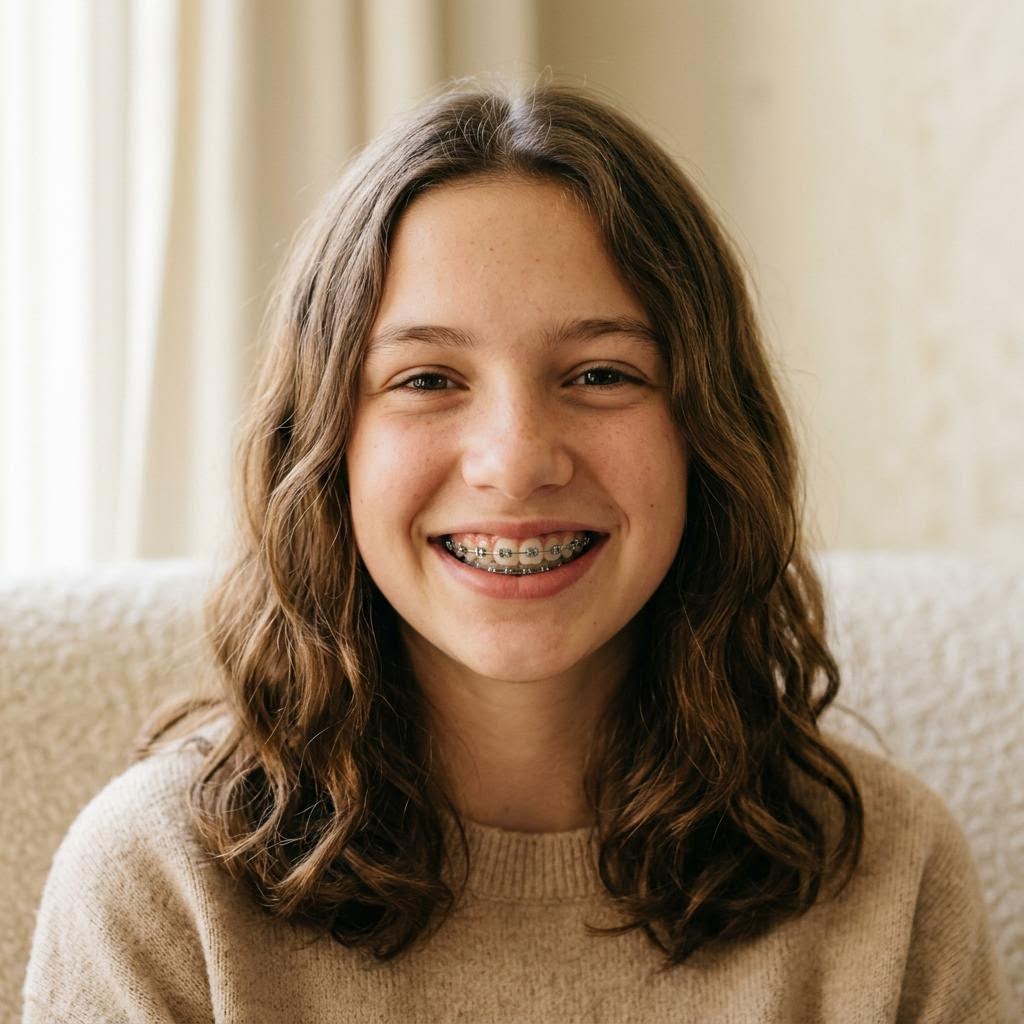 Feste Zahnspange mit Brackets und kieferorthopädischem Bogen