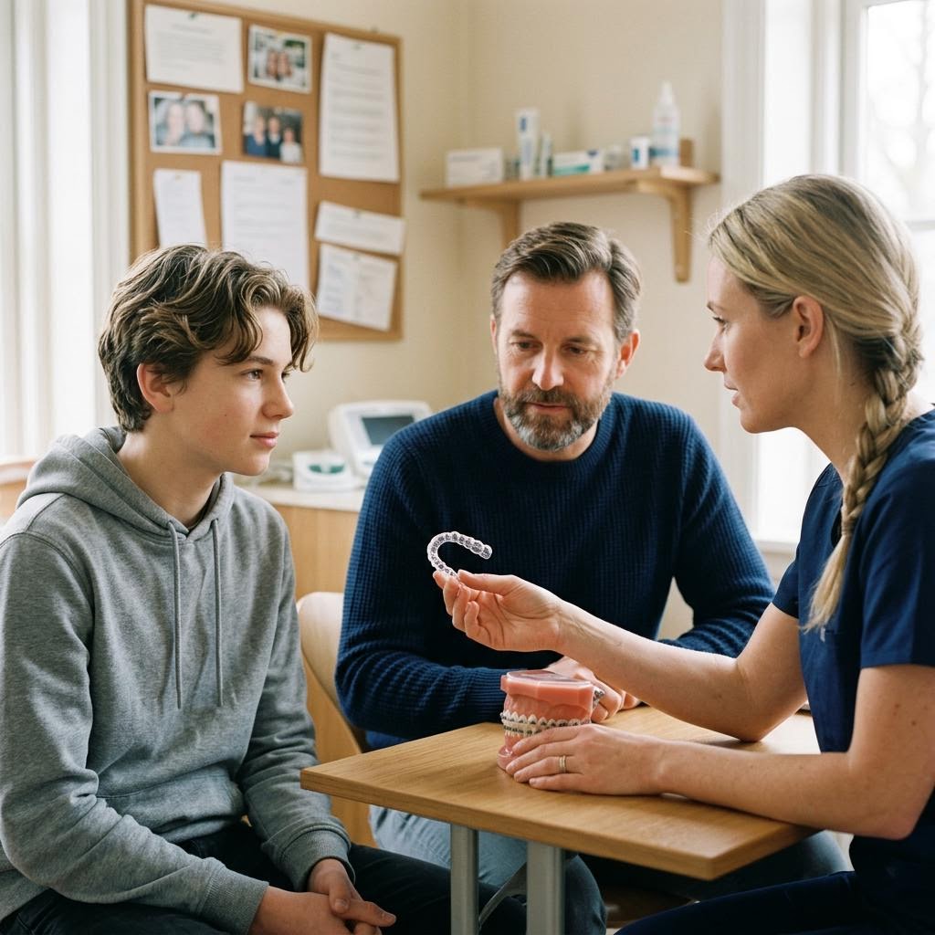 Jugendlicher und Vater besprechen Behandlungsmöglichkeiten mit der Kieferorthopädin