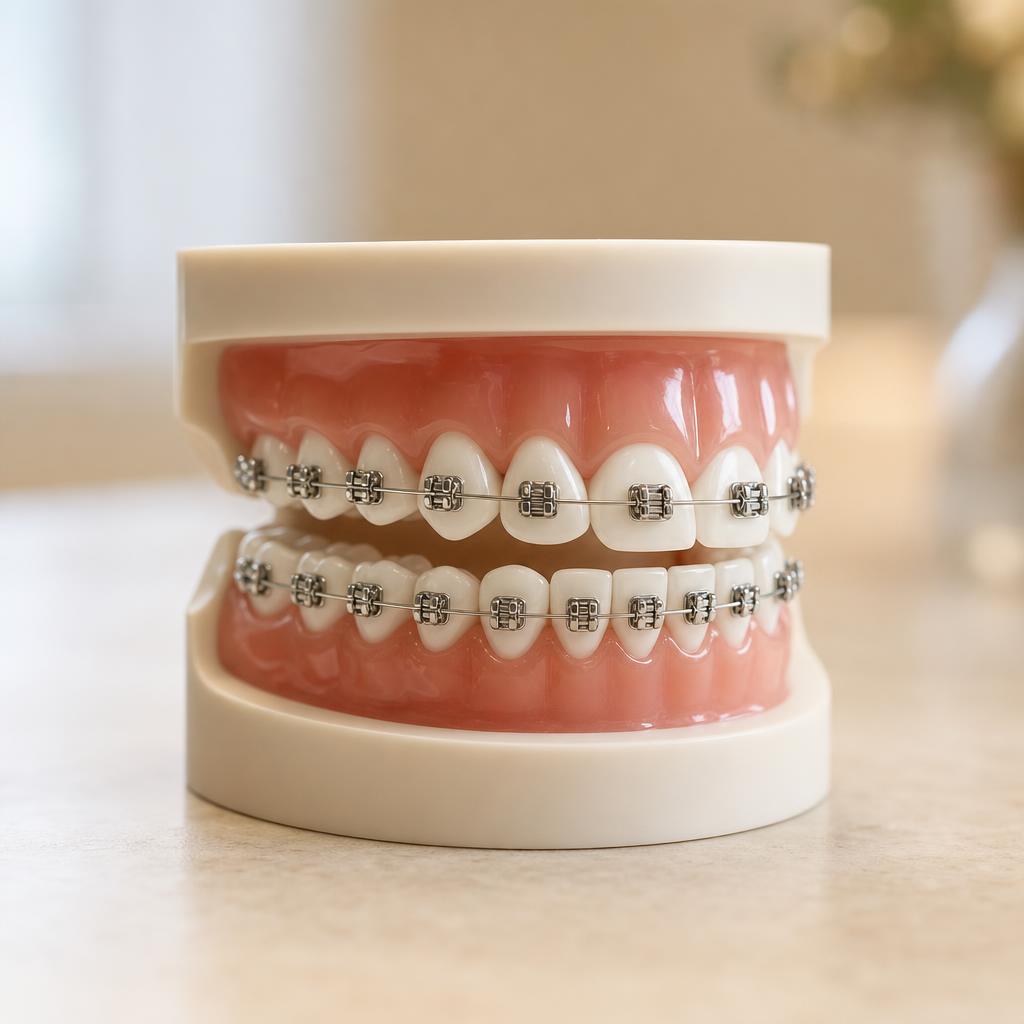 Zahnmodell mit fester Zahnspange: Brackets und kieferorthopädischer Bogen
