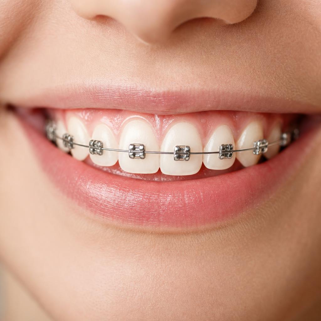 Nahaufnahme einer festen Zahnspange mit Brackets und Bogen