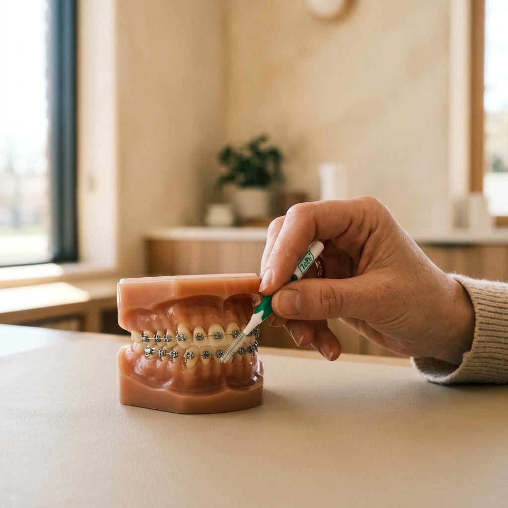 Reinigung um Brackets einer festen Zahnspange am Modell