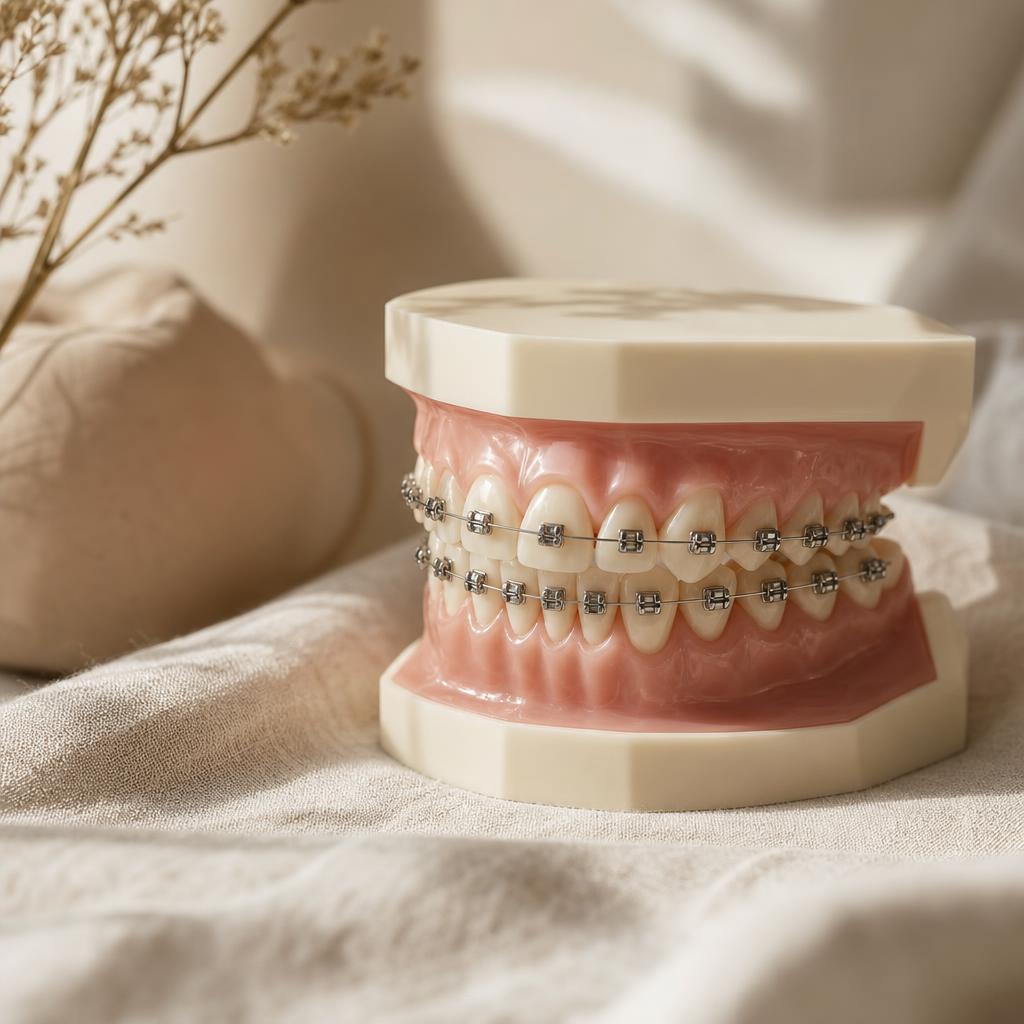 Feste Zahnspange mit Brackets an einem Zahnmodell