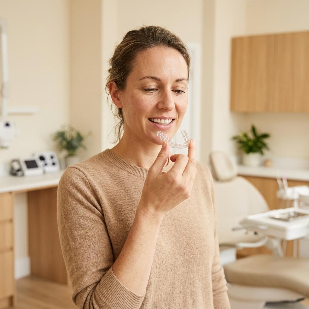 Patientin mit transparentem Aligner in der kieferorthopädischen Praxis