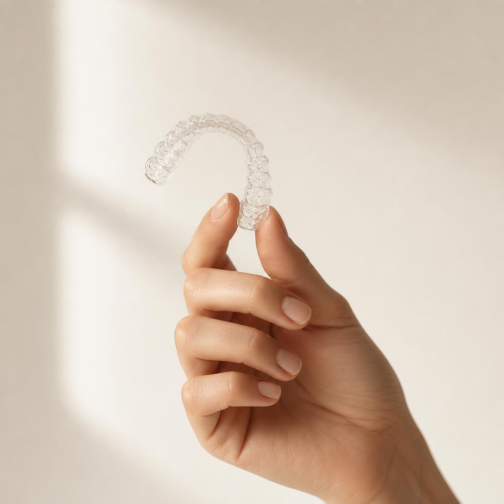 Transparente Zahnschiene in einer Hand