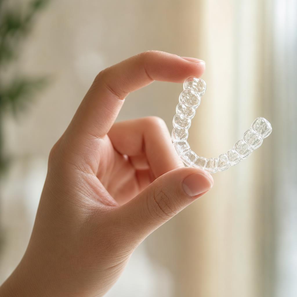 Transparenter Aligner zur kieferorthopädischen Zahnkorrektur in einer Hand