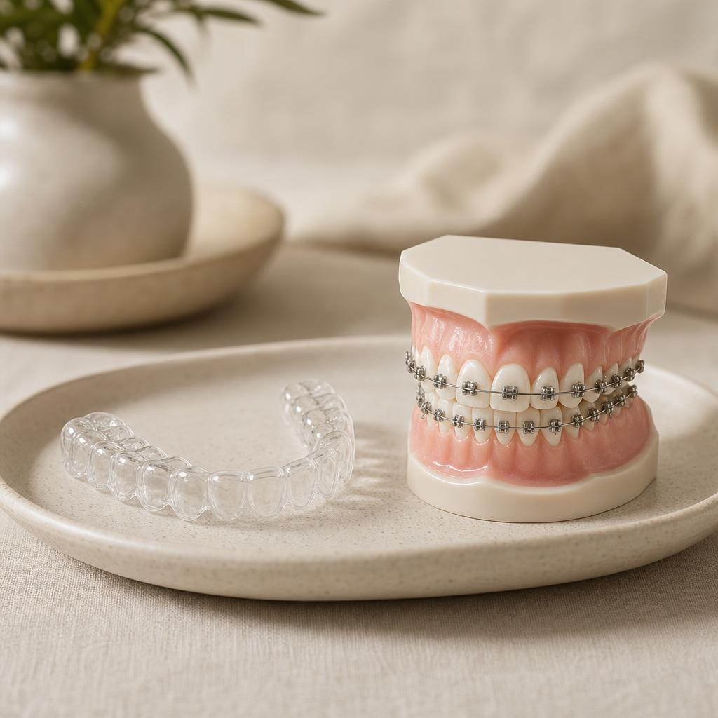 Transparenter Aligner und Zahnmodell mit fester Zahnspange