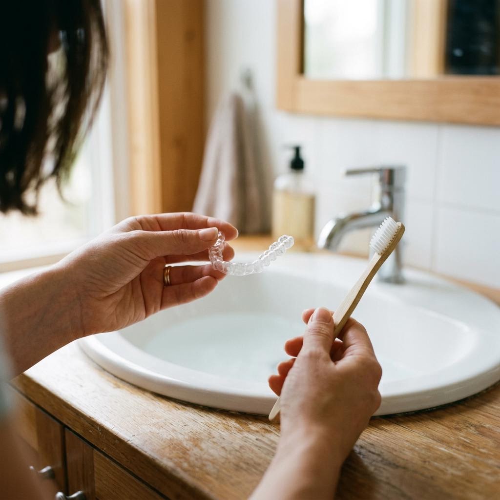 Zahnpflege und hygienischer Umgang mit einem transparenten Aligner