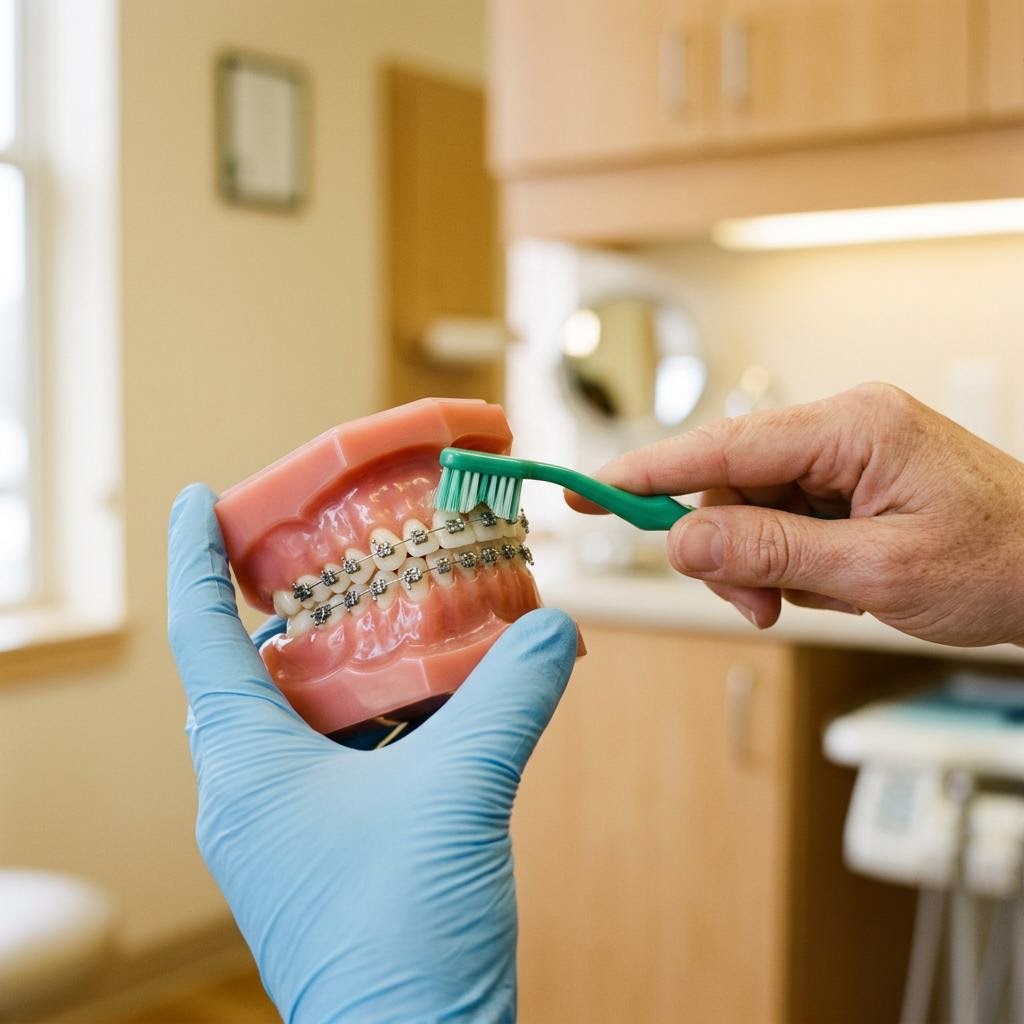 Demonstration der Zahnreinigung rund um Brackets am Modell