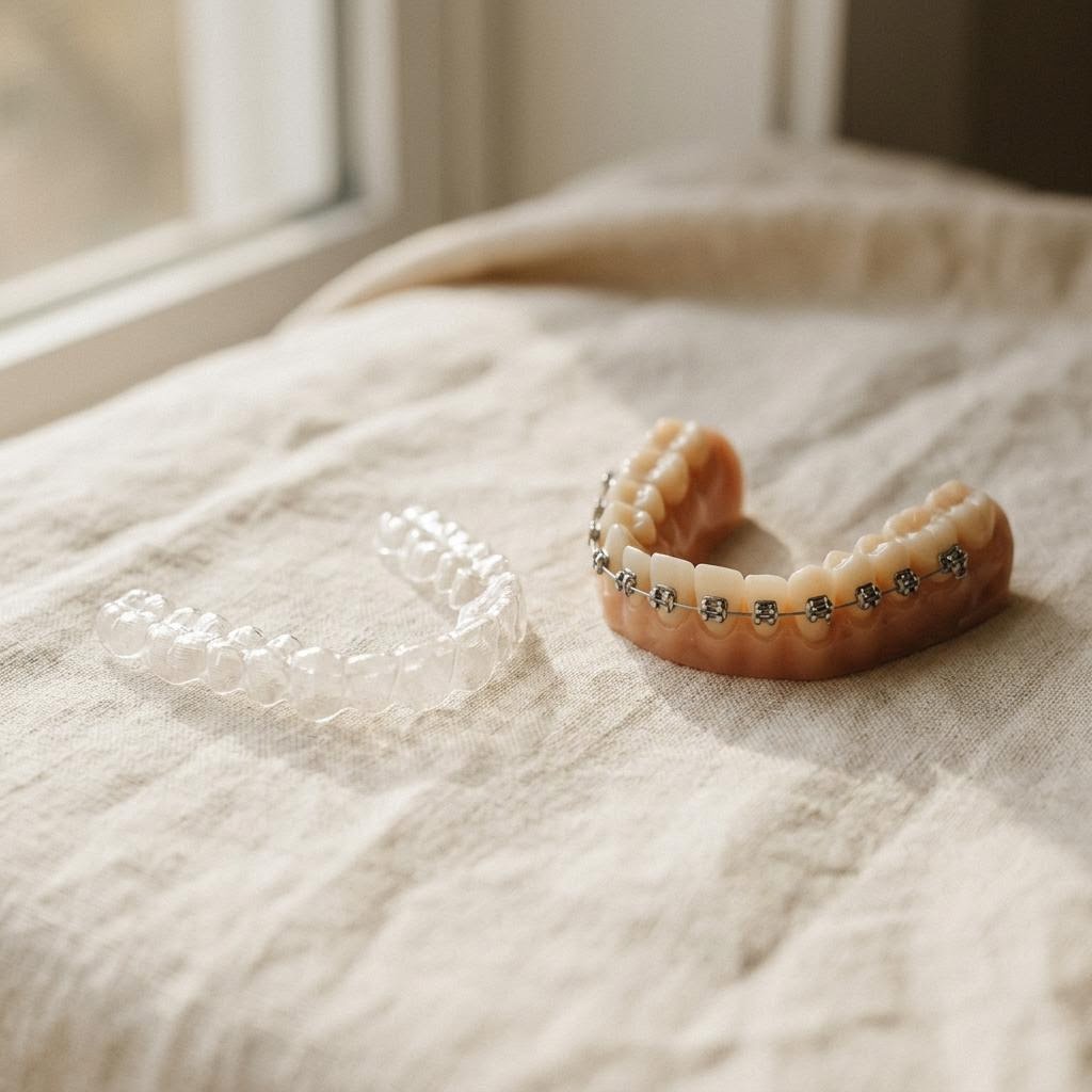 Transparente Zahnschiene und Zahnmodell mit fester Zahnspange nebeneinander