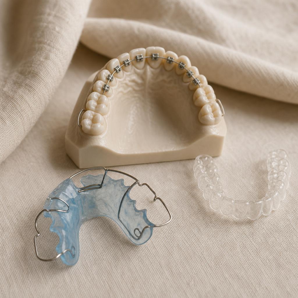 Herausnehmbare Zahnspange, Zahnmodell mit Brackets und transparenter Aligner nebeneinander